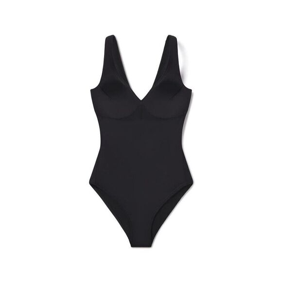 Spanx Swimsuits Women's Size Medium Black Pique Shaping Plunge One Piece NWOT - Picture 1 of 10